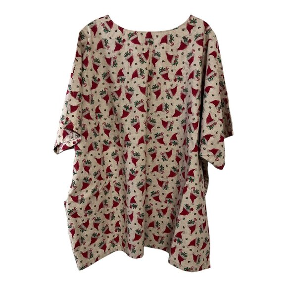 Vintage Handmade Christmas Scrub Top 2X – Santa Hat Holly Print Gold Sparkle – F - Picture 2 of 5